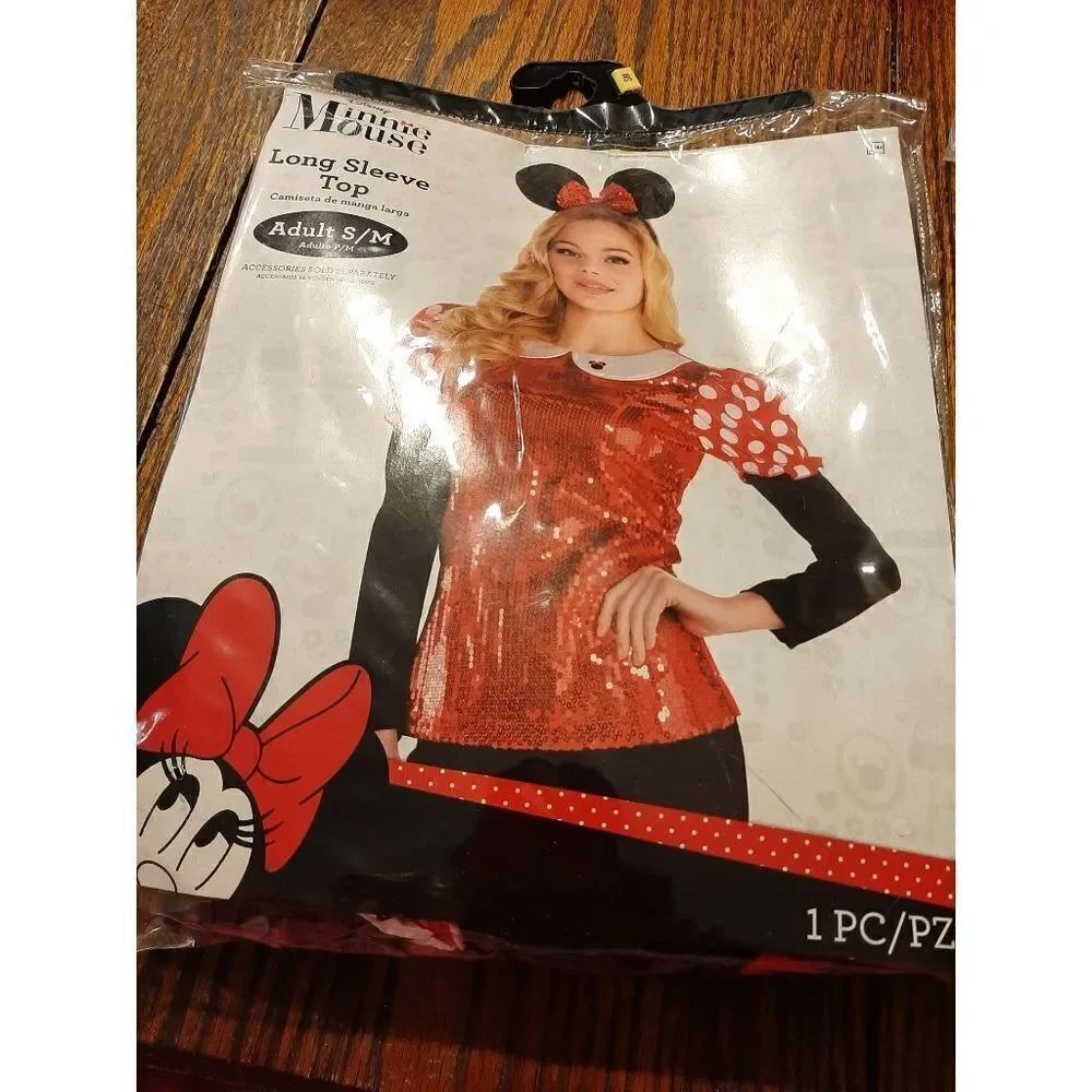 New S/M Disney Minnie Mouse Long Sleeve Sequin Shirt Top Halloween Cospl…